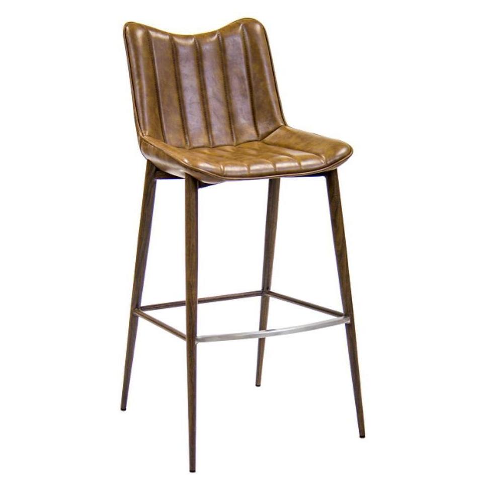 Tabouret de bar intérieur en métal effet bois avec assise et dossier vinyle marron