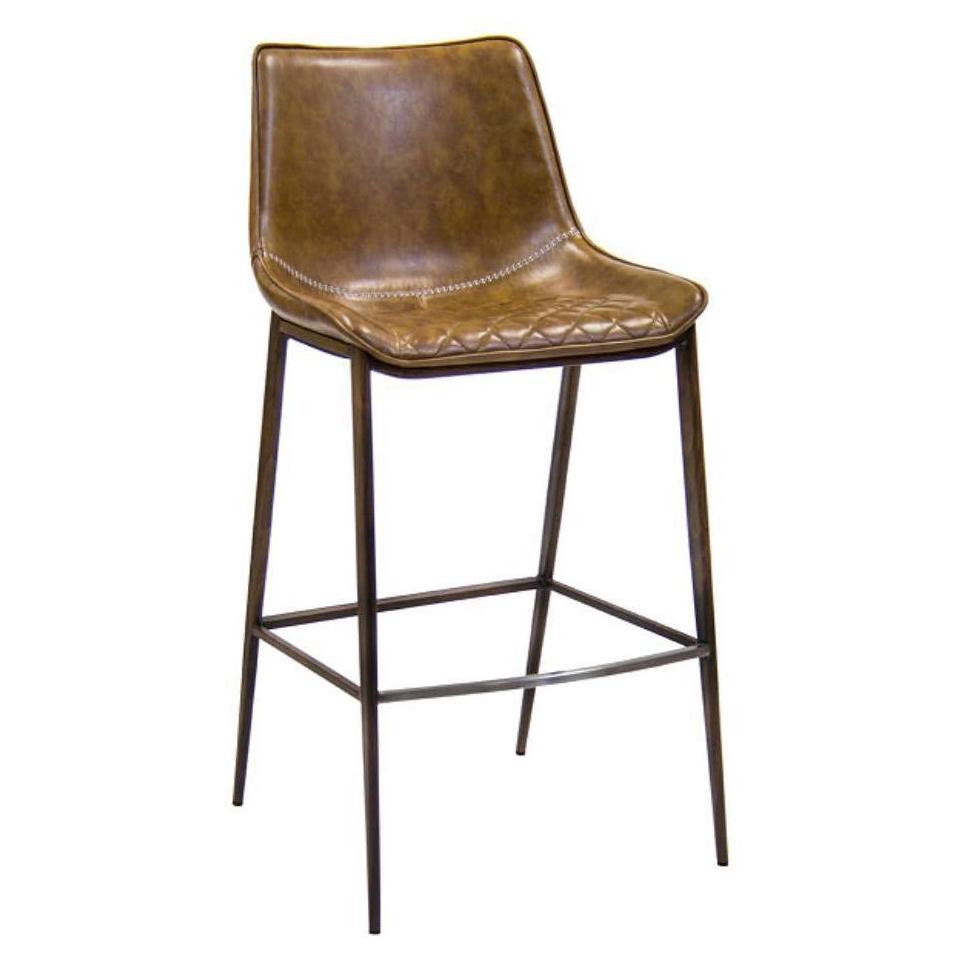 Indoor metal bar stool with modern design and brown vinyl seat wood effect