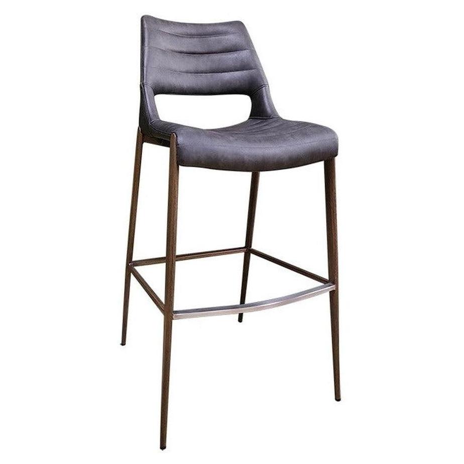 Tabouret de bar intérieur en métal effet bois avec assise vinyle noire et dossier ouvert