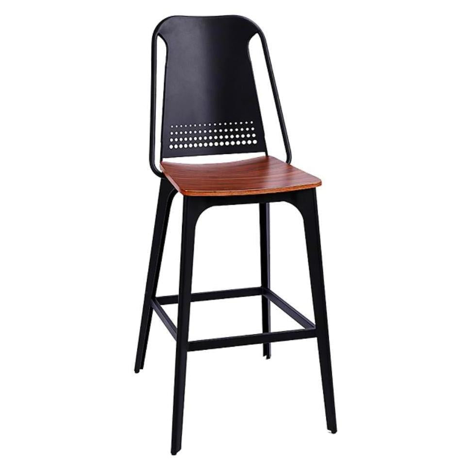 Tabouret de bar en métal noir avec assise plaquée
