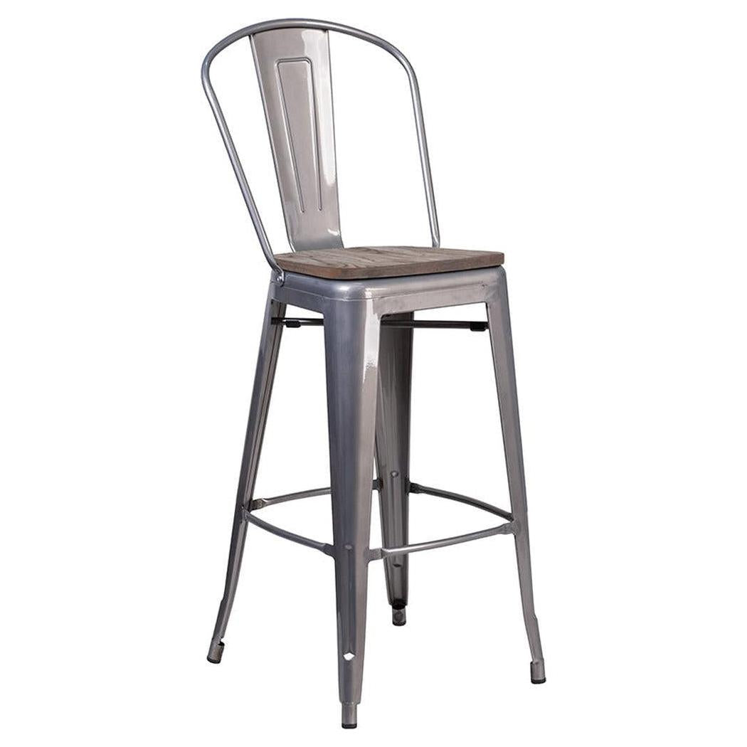 Bar stool height 76 cm with transparent finish, with wooden backrest and seat