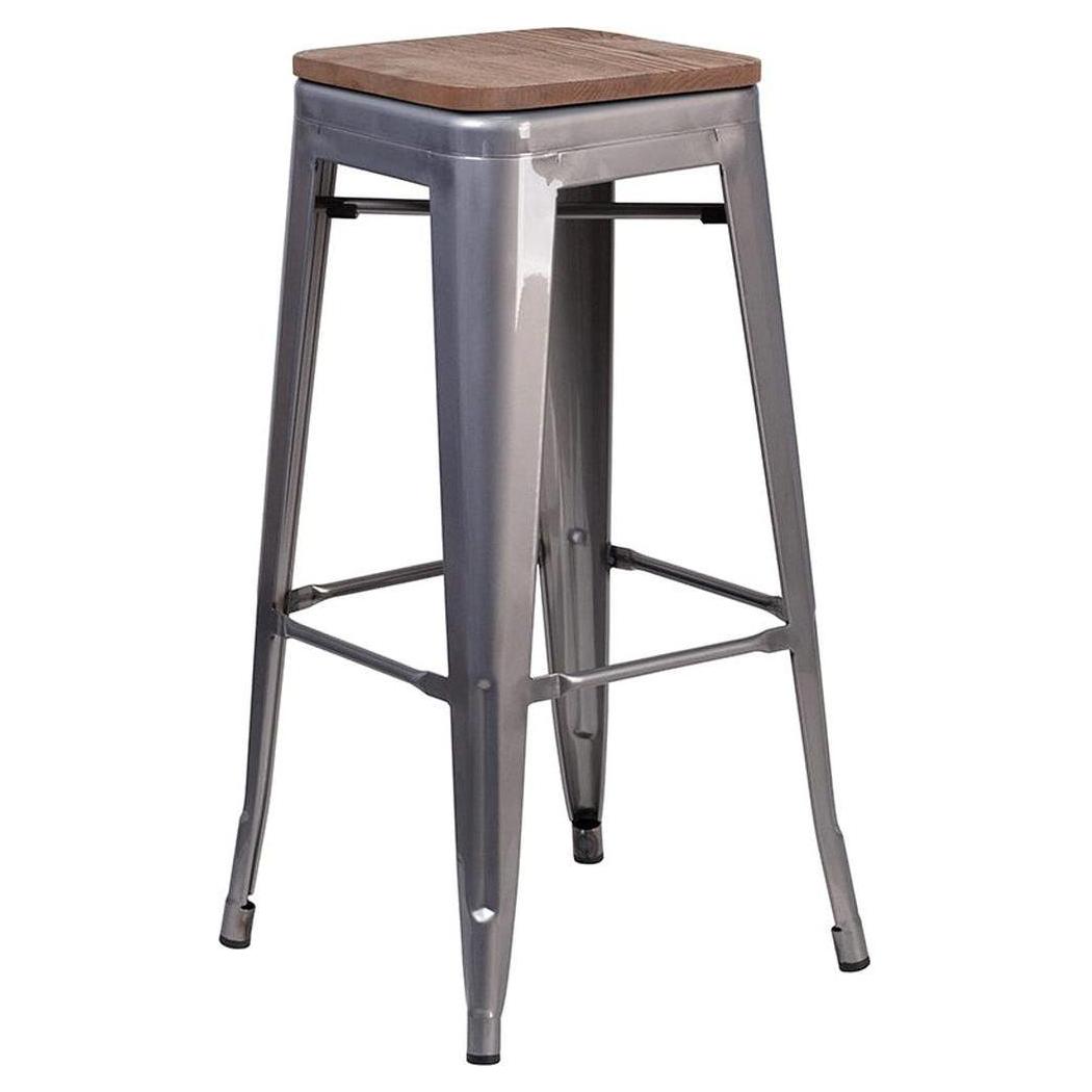 Tabouret de bar hauteur 76 cm finition transparente sans dossier avec assise bois carrée