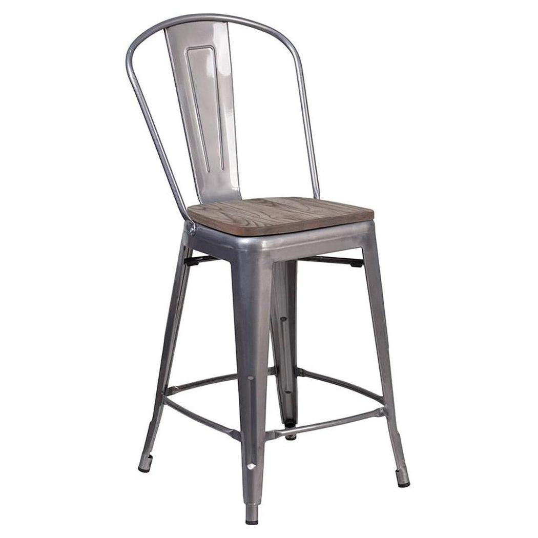 Taburete de altura para mostrador de 61 cm con acabado transparente, respaldo y asiento de madera.