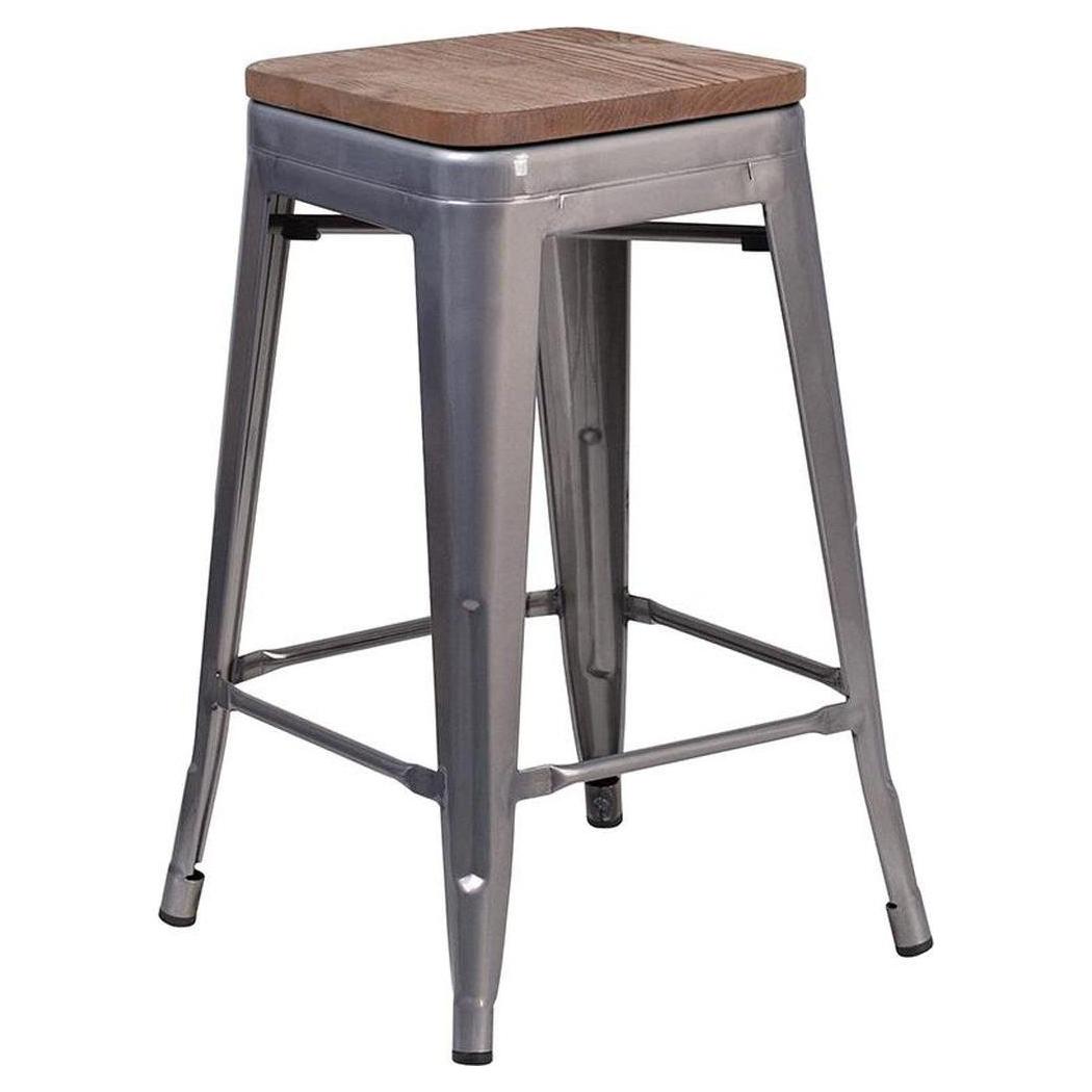 Tabouret hauteur comptoir 61 cm finition transparente sans dossier avec assise bois carrée
