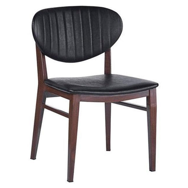 Chaise de salle à manger en métal rembourrée avec assise/dossier vinyle noir et finition effet bois