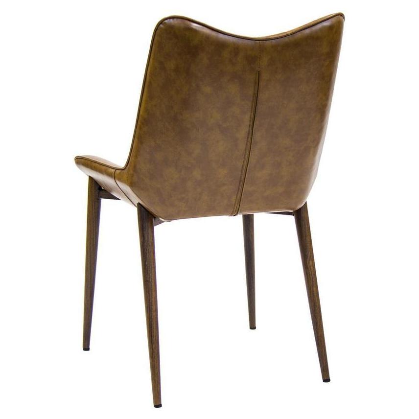 Chaise interior de metal con efecto de madera, asiento de vinilo marrón y respaldo vertical