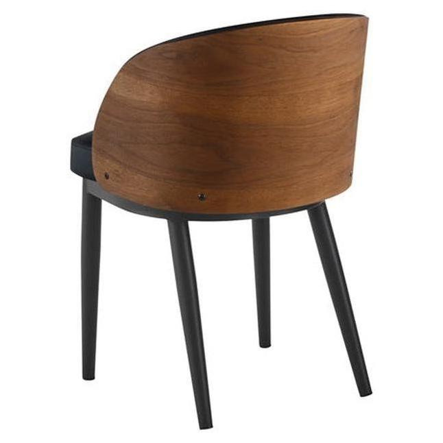 Chaise de mediados del siglo en acero negro con respaldo chapado liso y tapizado de vinilo