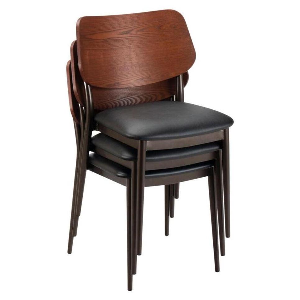 Modern stackable metal chair with padded seat and brown frame