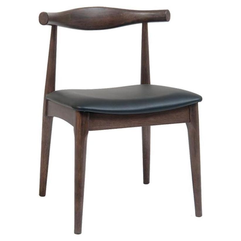 Modern chair with angled wooden backrest in walnut finish and black vinyl seat