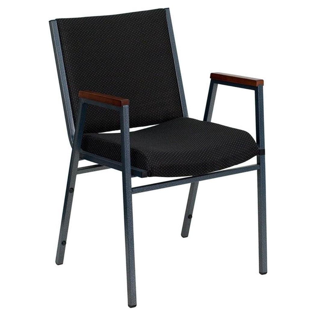 Stackable reinforced chair in black patterned fabric with armrests and assembly system