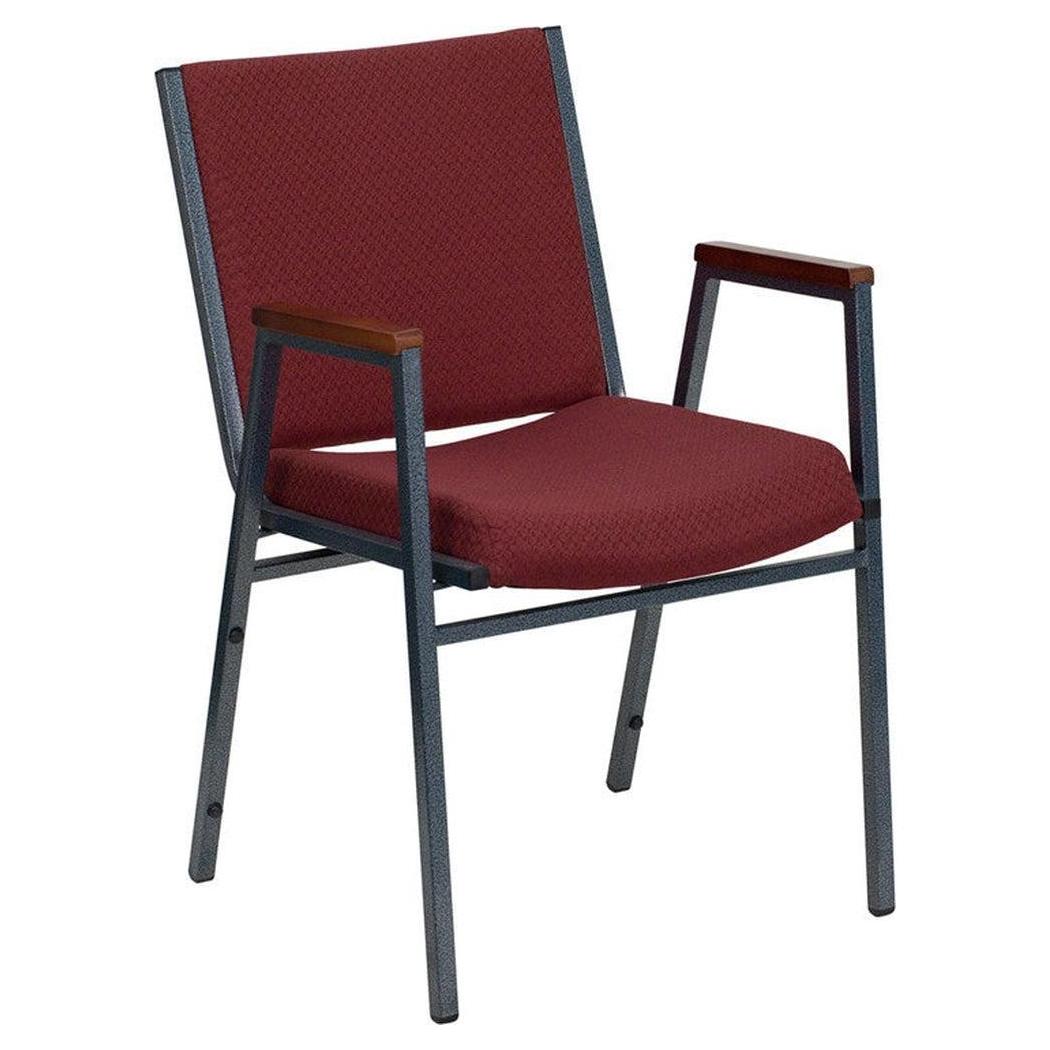 Stackable reinforced chair in burgundy patterned fabric with armrests and assembly system