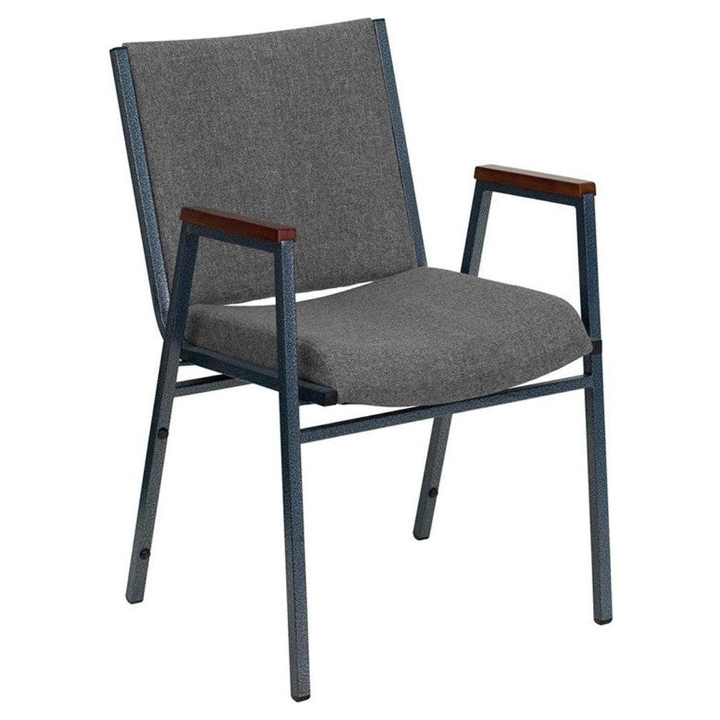 Stackable reinforced gray fabric armchair with armrests and assembly system