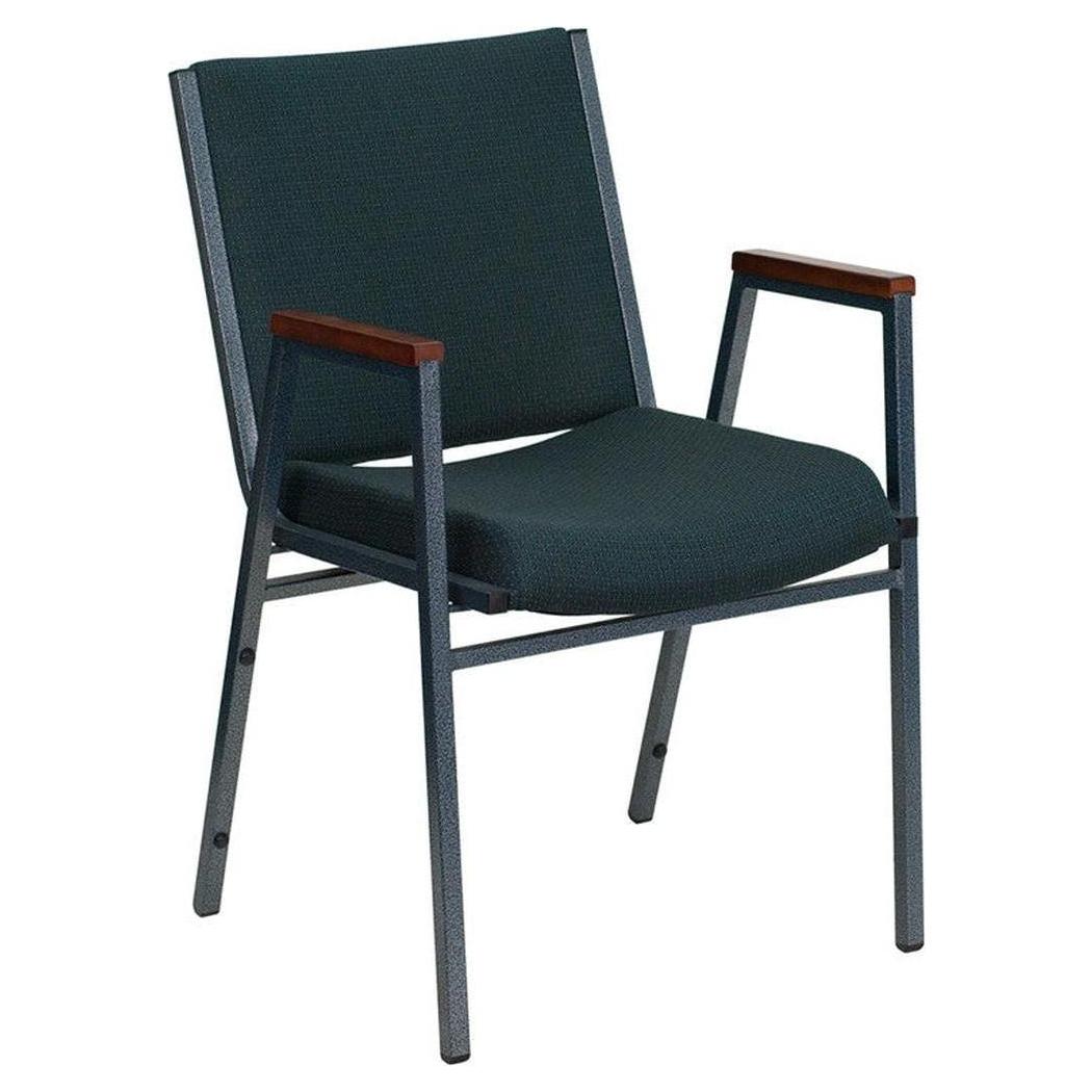 Stackable reinforced chair in green patterned fabric with armrests and assembly system