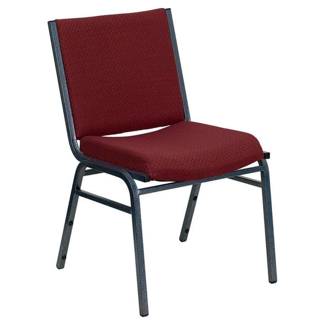 Stackable reinforced chair in burgundy patterned fabric with assembly system
