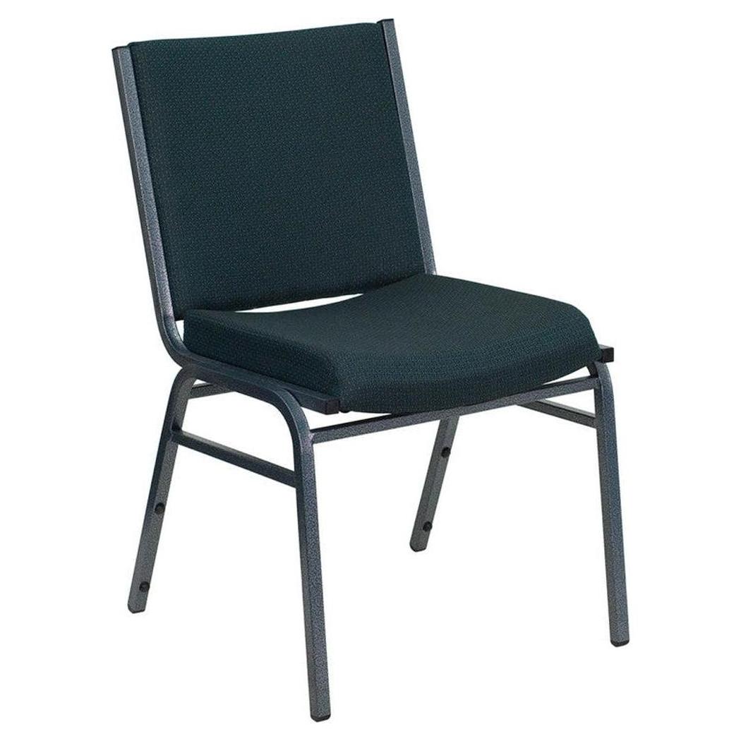 Stackable reinforced chair with green patterned fabric and assembly system