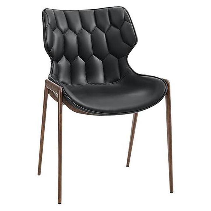 Chaise de metal con efecto madera y asiento de vinilo negro diseño moderno.