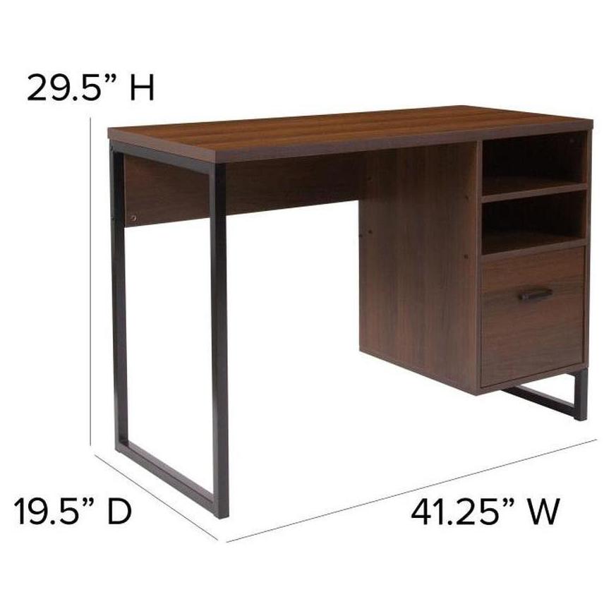 Computer desk VAZOVA in rustic coffee wood finish with black metal frame