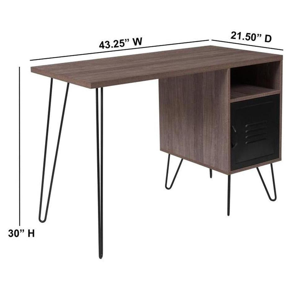 Computer desk KAPVINI collection in rustic wood finish with metal storage door