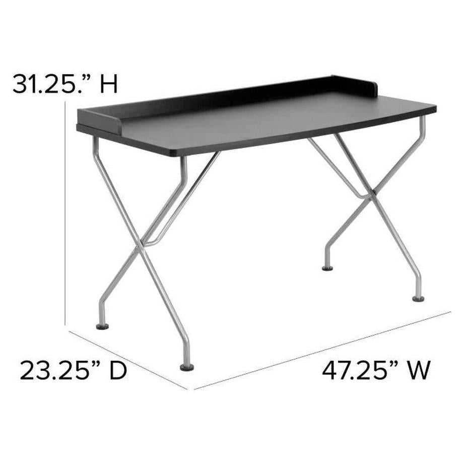 Black computer desk with raised edge and silver metal frame