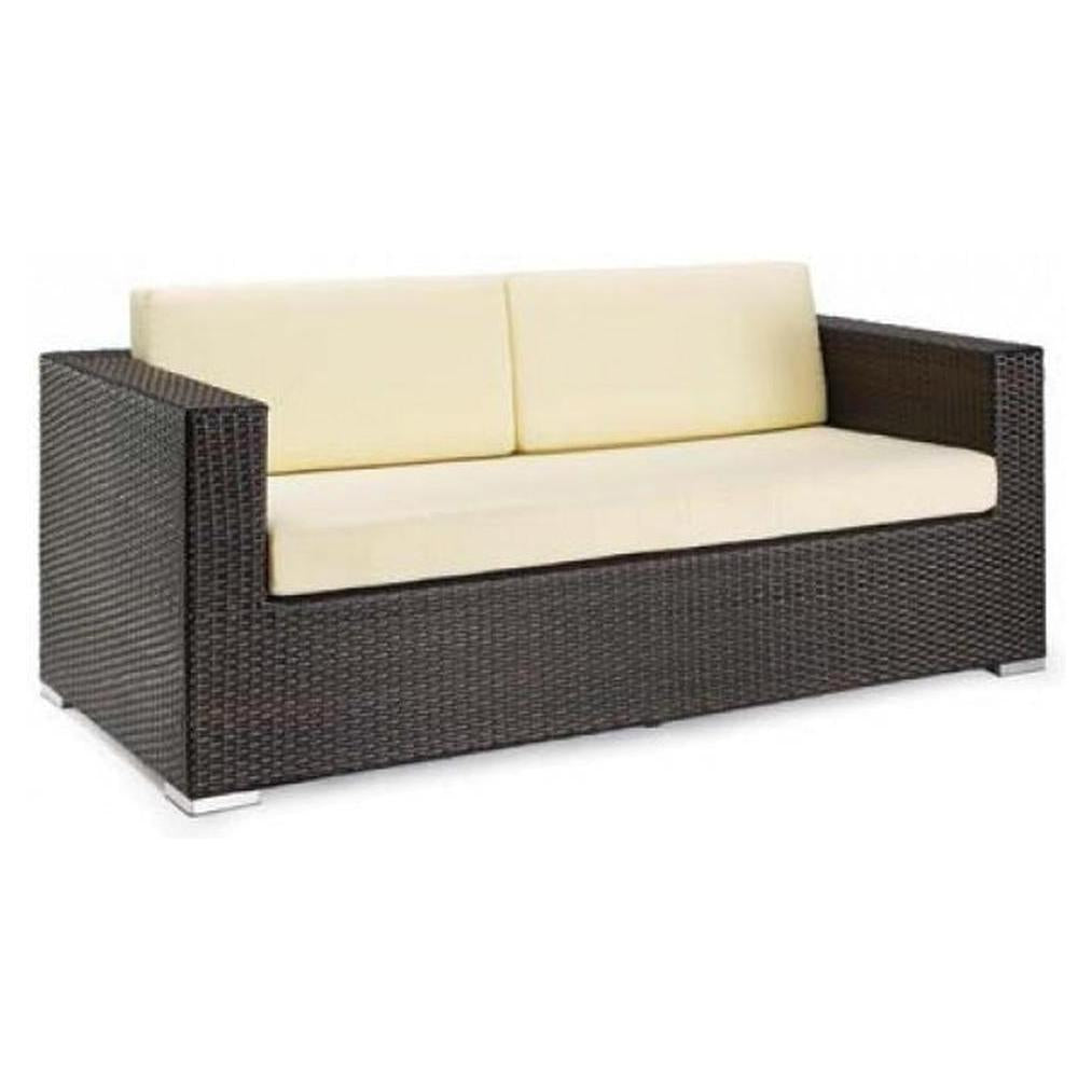 Canapé GONZALEZ double extérieur en résine tressée couleur espresso avec structure aluminium antirouille et coussins blancs