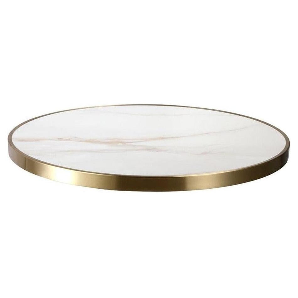 Tabletop in white sintered stone with thick white marble, 2.9 cm thick with golden edge.