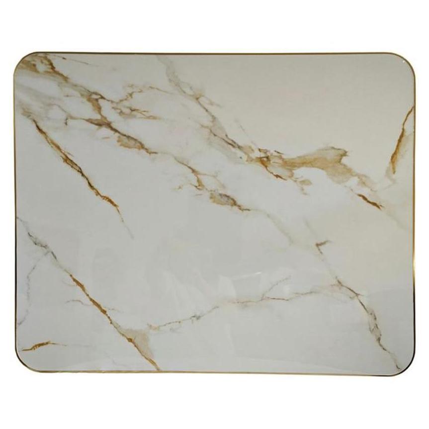 Tabletop in sintered stone white marble with golden veining, 2.9 cm thick with golden edge.
