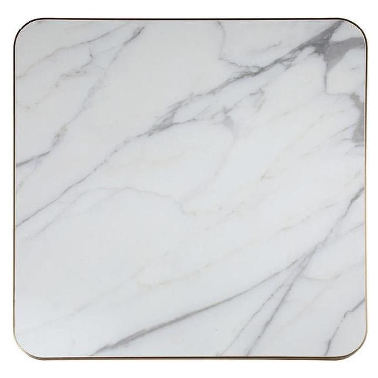 Tabletop made of sintered stone with marbled dark grey veining, 2.9 cm thick, with bronze edge.