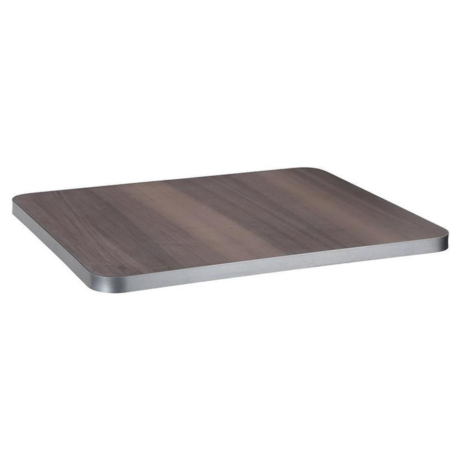 Outdoor table top with thick wood effect, 2.9 cm thick with gray aluminum edge.