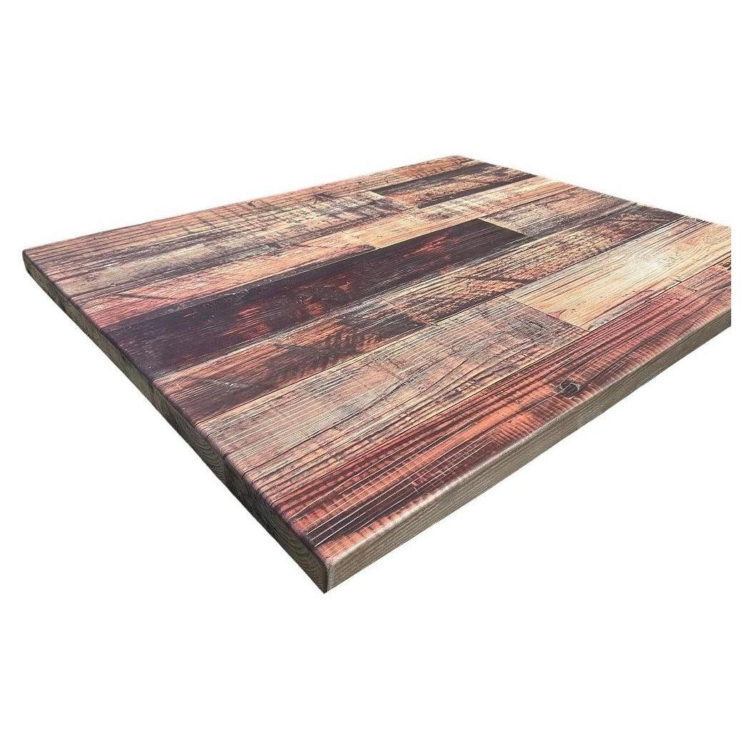 Outdoor resin table top with rustic wood effect