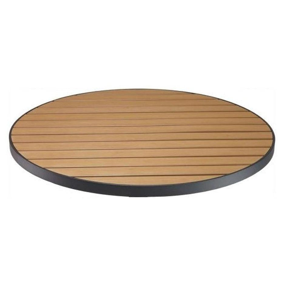 Plateau de table extérieur imitation teck synthétique avec chant aluminium rond