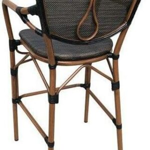Tabouret de bar extérieur en aluminium marron avec assise et dossier en poly-rotin noir