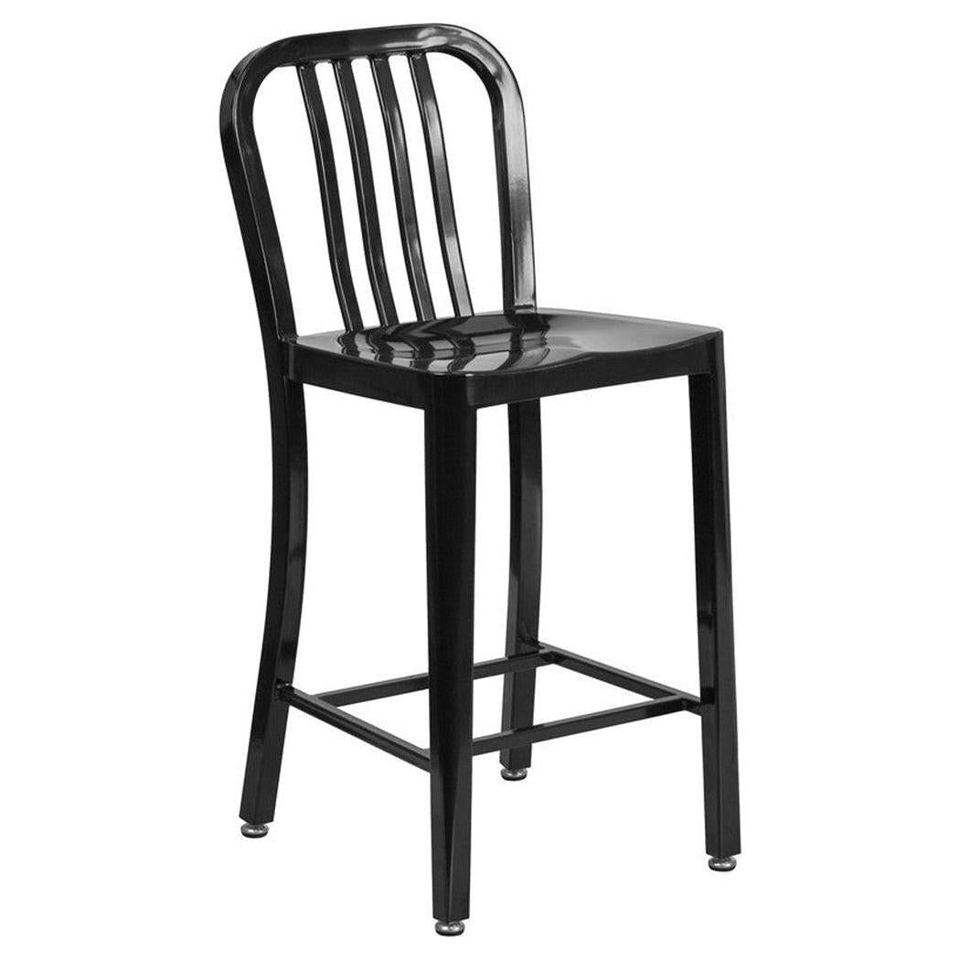 Tabouret extérieur hauteur comptoir 61 cm en métal avec dossier à lattes verticales