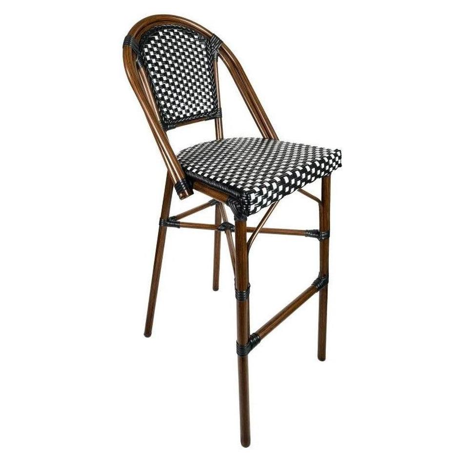 Tabourets de bar extérieurs style bistrot avec rotin tressé main et structure aluminium peinte