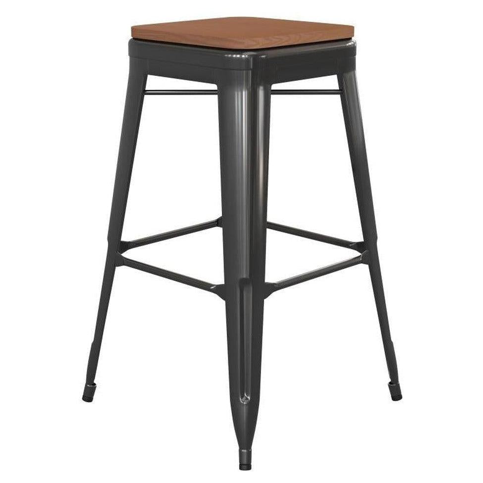 Taburete de bar exterior STEELX sin respaldo altura bar 76 cm con asiento cuadrado imitación teca