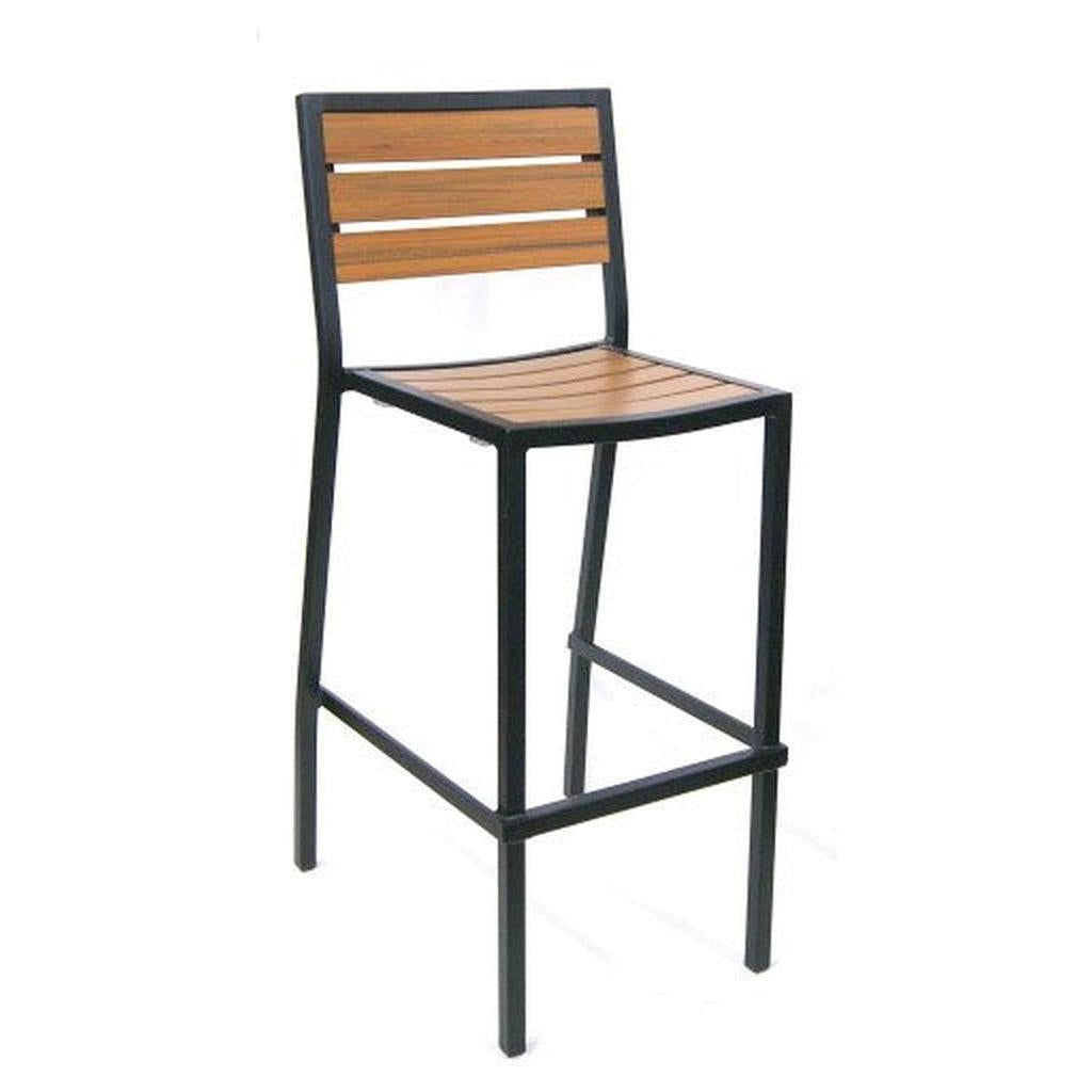 Tabouret de bar extérieur avec structure aluminium noire et assise imitation teck synthétique