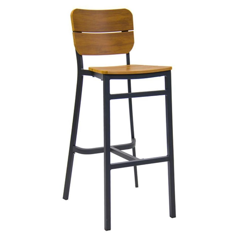 Tabouret de bar extérieur en aluminium finition gris foncé avec assise et dossier imitation teck