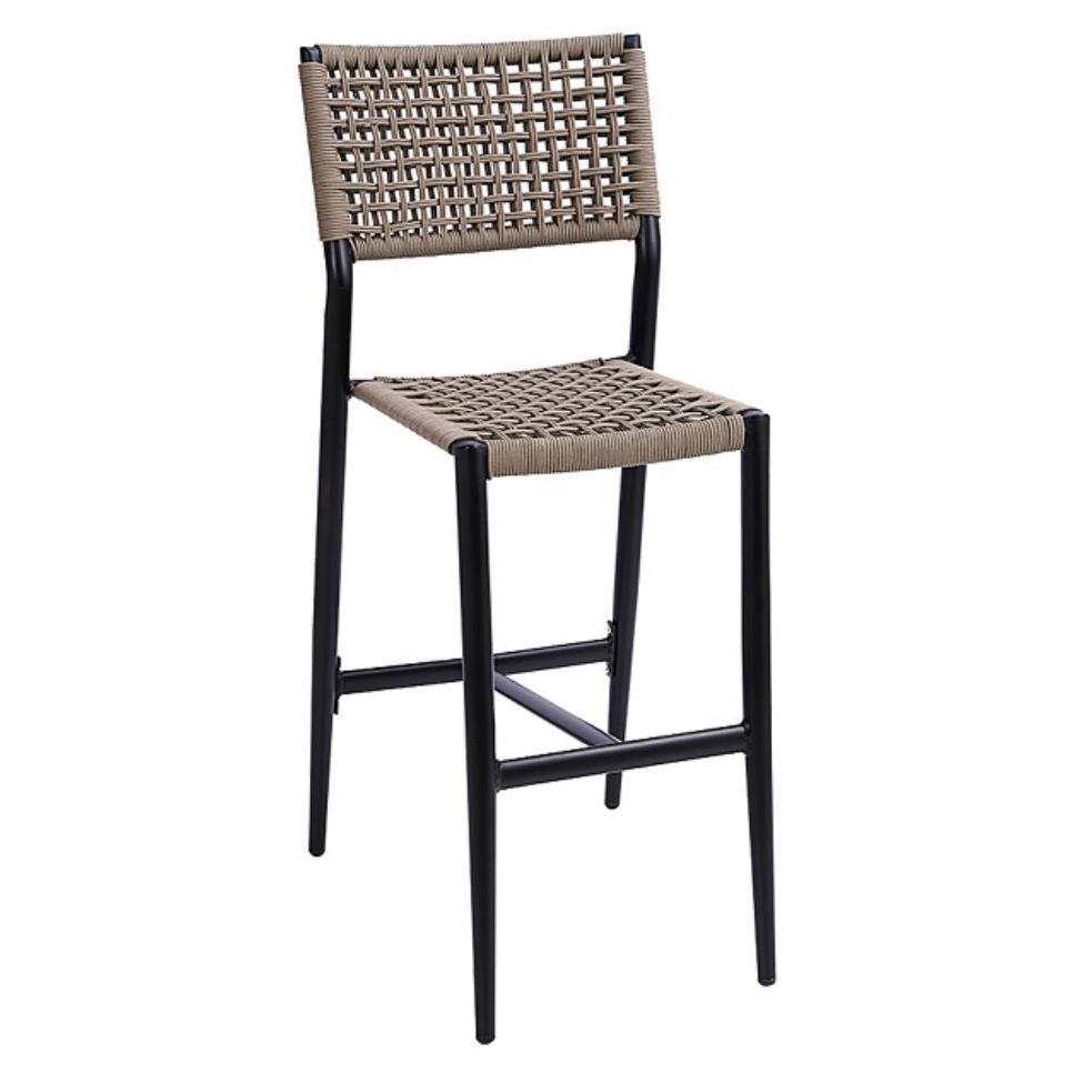 Tabouret de bar extérieur en aluminium noir avec assise et dossier en tissu térylène