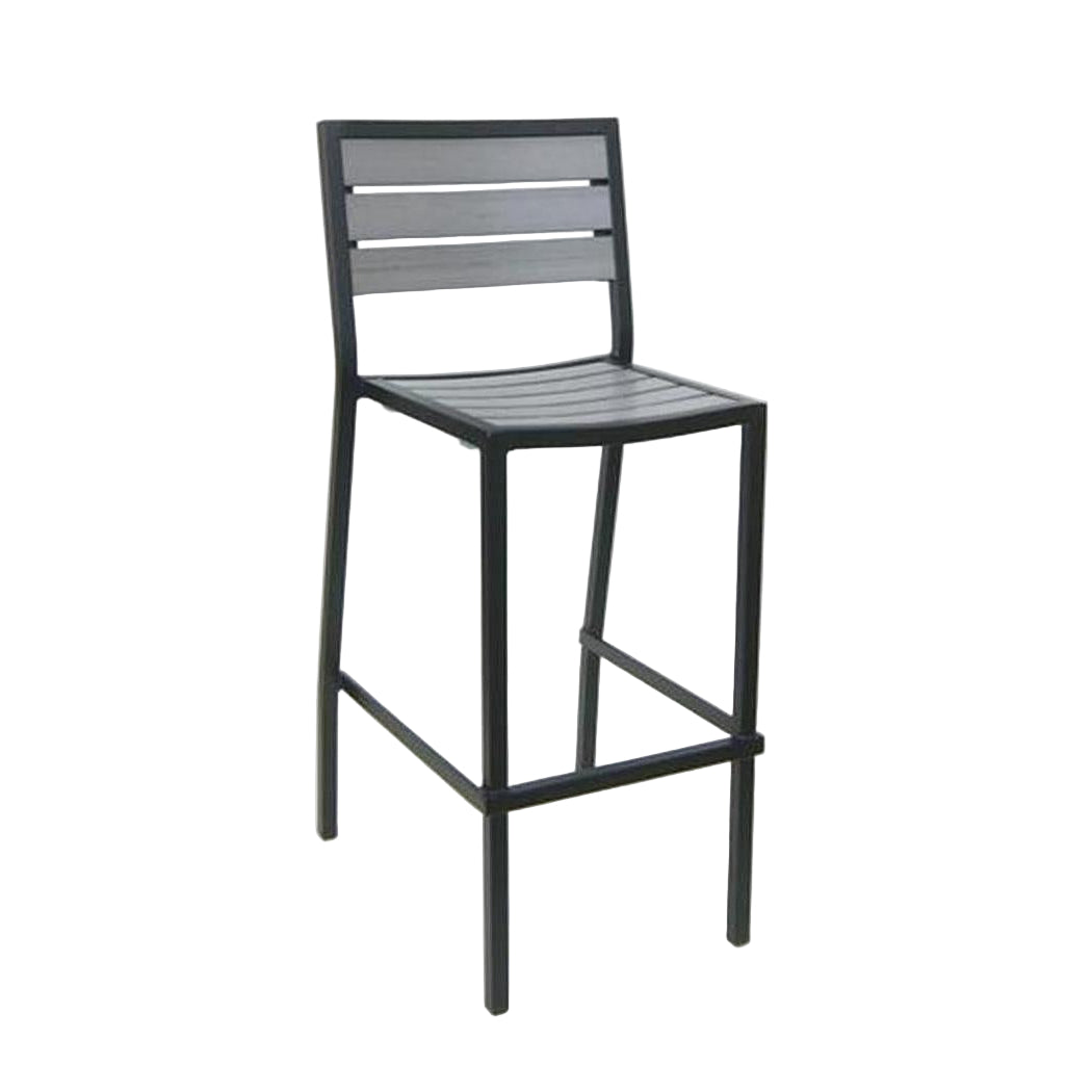 Tabouret de bar extérieur avec structure noire et assise imitation teck synthétique