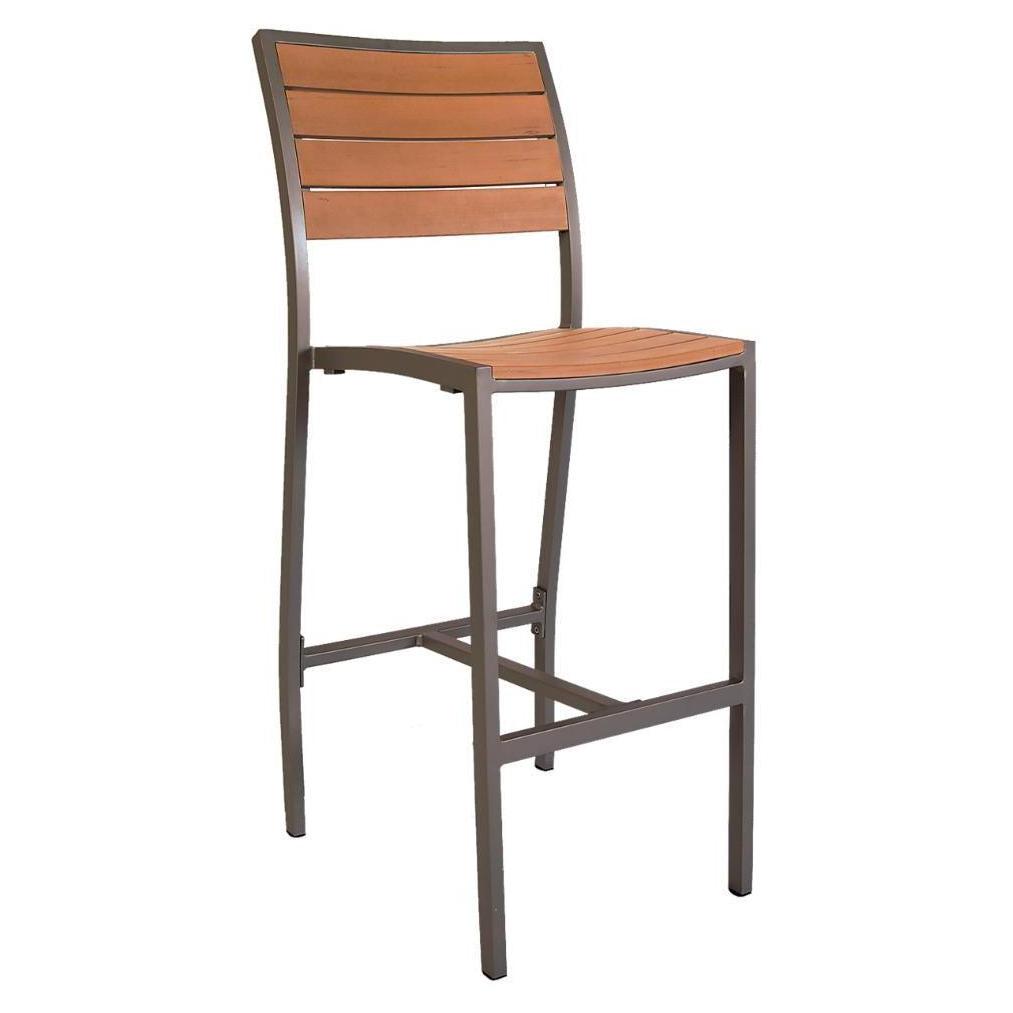 Tabouret de bar extérieur en aluminium avec lattes imitation teck et structure coloris rouille