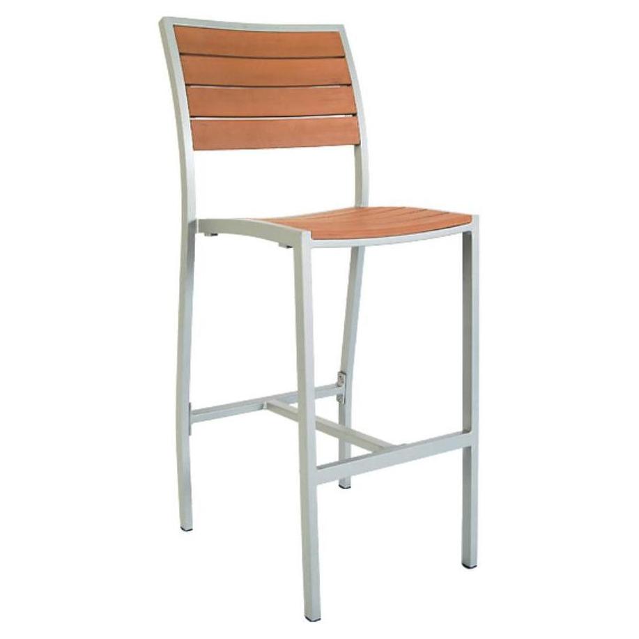 Tabouret de bar extérieur en aluminium avec lattes imitation teck et structure grise