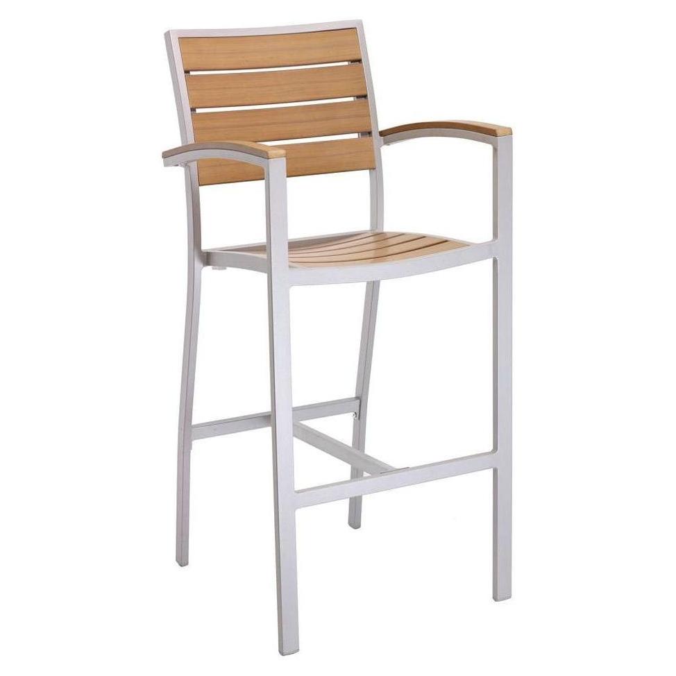 Tabouret de bar extérieur avec structure aluminium, accoudoirs et dossier imitation teck