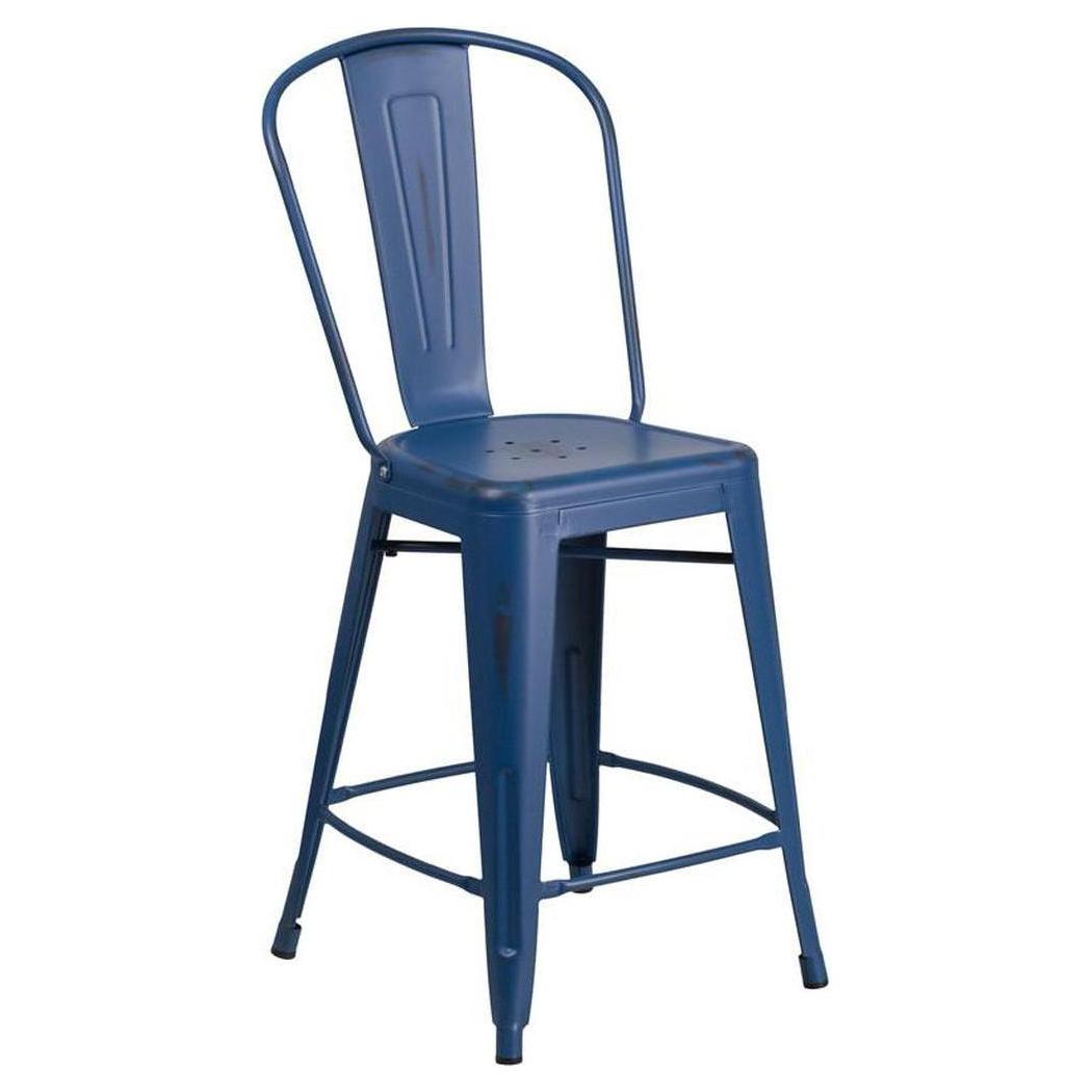 Tabouret extérieur STEELX hauteur comptoir 61 cm finition métal vieilli avec dossier