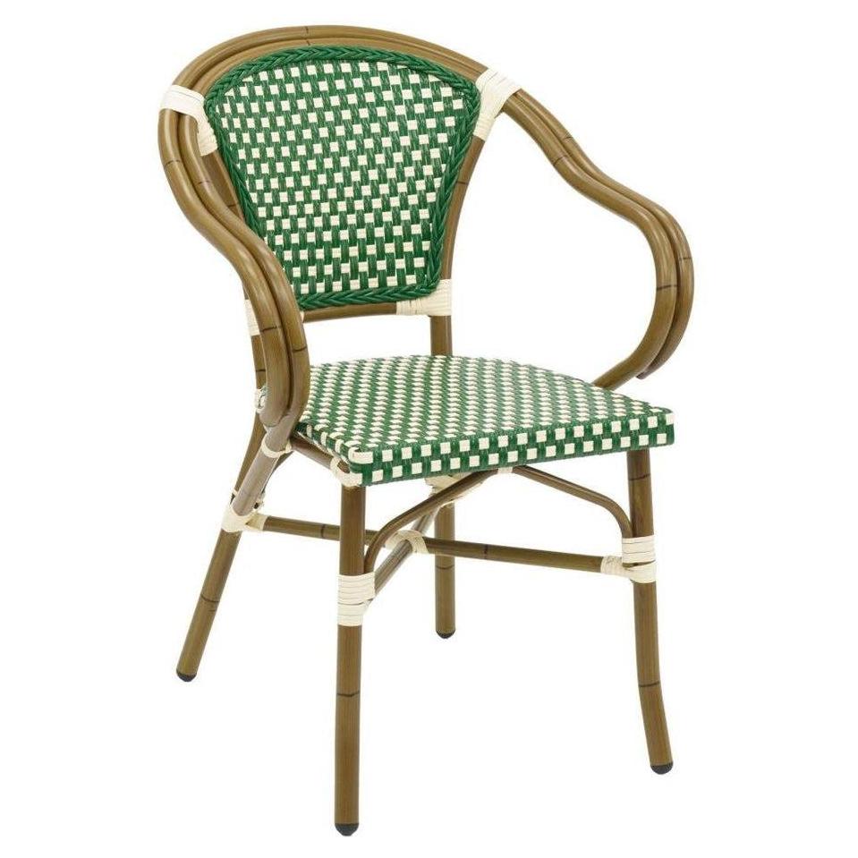 Outdoor armchair in hand-painted aluminum with woven PE seat and backrest
