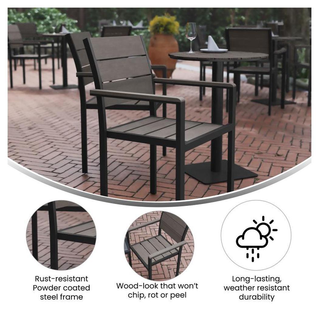 Fauteuil extérieur professionnel Finch empilable avec lattes imitation teck et structure métal