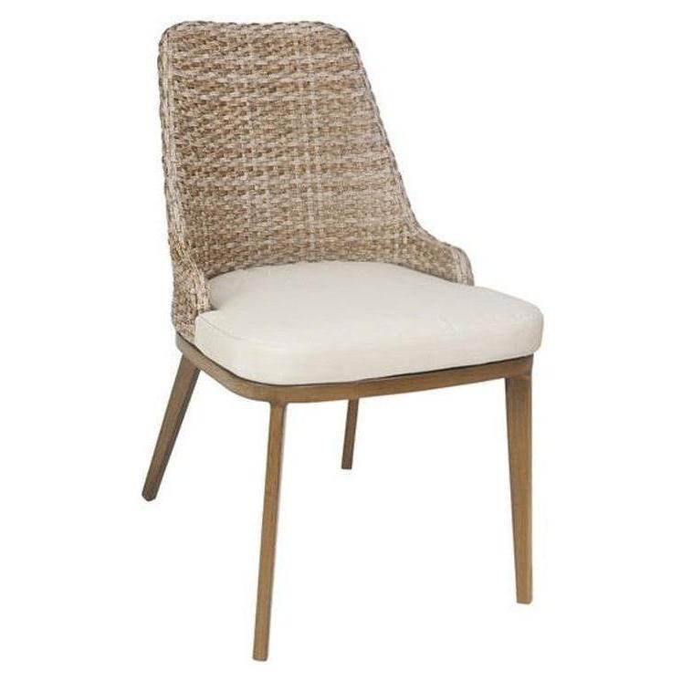 Tumbona exterior de aluminio pintado efecto madera con respaldo de ratán trenzado y asiento marfil