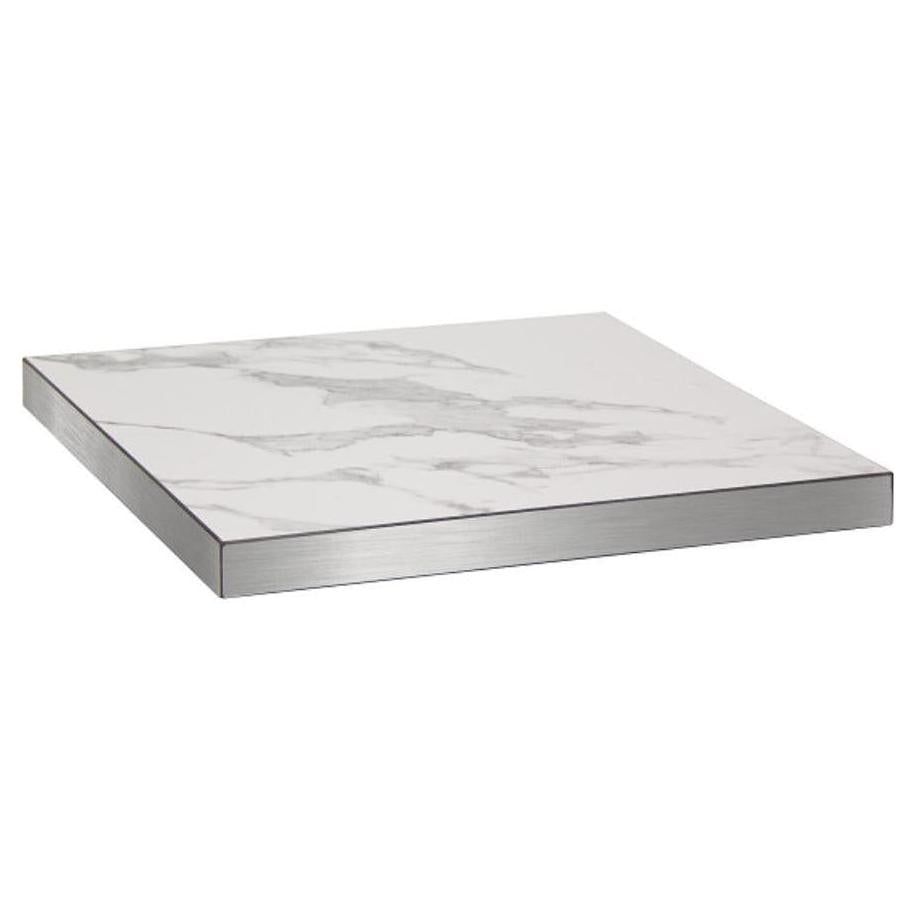 Indoor table top in white marble effect melamine with thick silver edge, 5.1 cm thickness