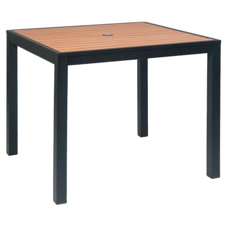 Square outdoor table 91 cm teak imitation with 3.8 cm umbrella hole