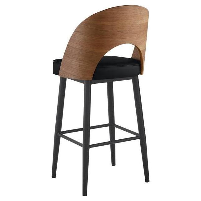 Indoor metal bar stool with curved wood backrest and padded black seat