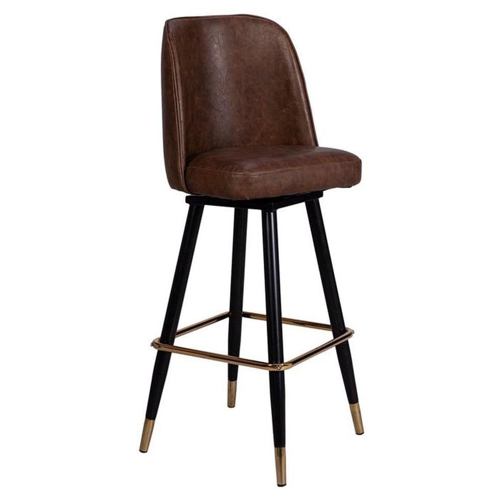Swivel metal bar stool with brown padded seat, black frame, and gold footrest