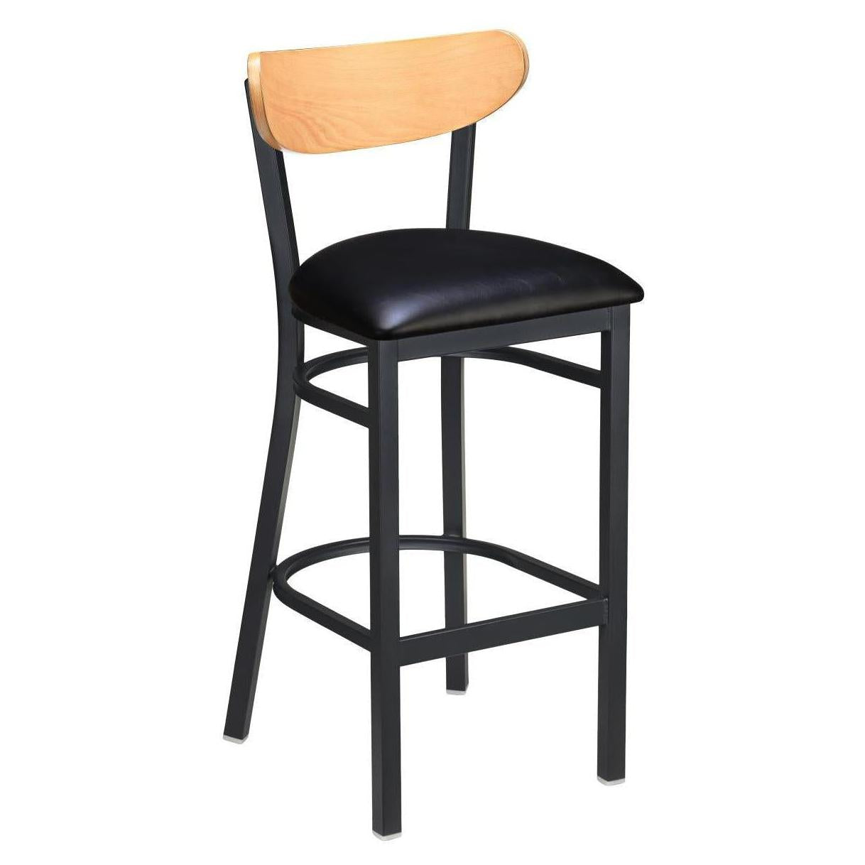 Bar stool with curved metal frame and wooden backrest
